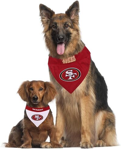بيتس فيرست NFL سان فرانسيسكو 49ERS باندانا ذات وجهين مقاس XX-Large للكلاب والقطط. باندانا رياضية على الوجهين، شعار الفريق مطرز ممتاز، العديد من فرق الدوري الوطني لكرة القدم الأمريكية متاحة in Saudi Arabia