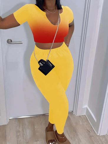 Nimsruc 2 Piece Sets For Women Sexy Casual Workout Crop Short Sleeve Long pants Leggings Sets Summer Active Wear in Saudi Arabia