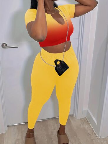 Nimsruc 2 Piece Sets For Women Sexy Casual Workout Crop Short Sleeve Long pants Leggings Sets Summer Active Wear in Saudi Arabia