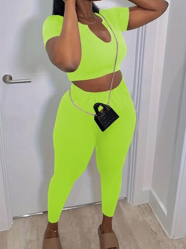 Nimsruc 2 Piece Sets For Women Sexy Casual Workout Crop Short Sleeve Long pants Leggings Sets Summer Active Wear in Saudi Arabia