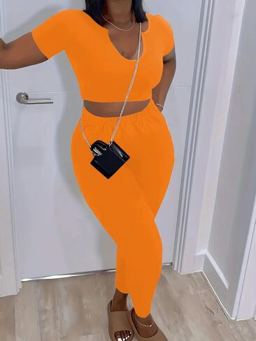Nimsruc 2 Piece Sets For Women Sexy Casual Workout Crop Short Sleeve Long pants Leggings Sets Summer Active Wear in Saudi Arabia