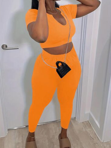 Nimsruc 2 Piece Sets For Women Sexy Casual Workout Crop Short Sleeve Long pants Leggings Sets Summer Active Wear in Saudi Arabia