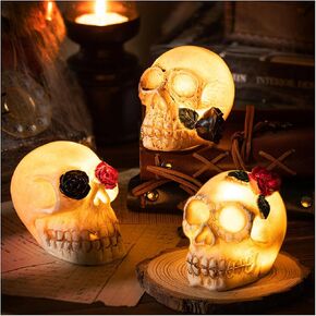KXCOFTXI Halloween LED Skulls, 3Pcs Halloween Plastic Skull Head Decor, Realistic Human Fake Skeleton Skulls Head for Halloween Bar Table Decoration