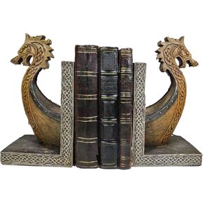 Ebros Gift Nautical Coastal Sea Kingdom Scandinavian Viking Dragon Longship Prow Ship Bookends Set of Two Figurines Ancient Legends Library Office Study Desk Shelf Bookend Sculptures
