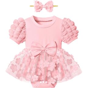 Baby Girl Romper Dress Puff Sleeve Tutu Dress Flower Tulle Princess Dress Birthday Outfits with Bow Headband