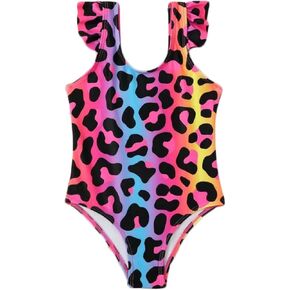 Girls Leopard One Piece Ruffle Swimsuit 3-10 Years