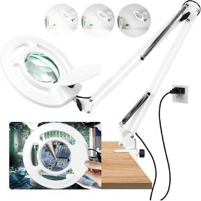 10X Long Magnifying Glass with Light and Stand, 2200 Lumens Dimmable Bright LED Lighted Magnifier, Ajustable Swing Arm Magnifying Desk Lamp with Clamp, Hands Free for Hobby Repair Workbench
