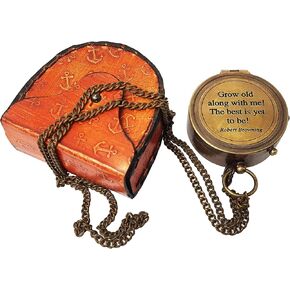 Grow Old with Me Engraved Brass Compass ON Chain with Leather CASE, Directional Magnetic Compass