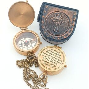 Be Strong and Courageous (Joshua 1:9) Brass Compass with Leather Box-Engraved Scripture Prayer Compass Religious Gift for Men & Women - Baptism, Confirmation, Communion Compass for Boys Graduation