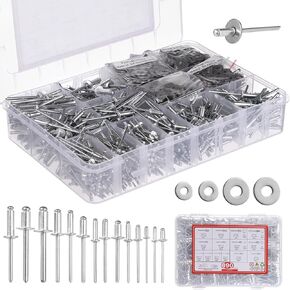 890 PCS Pop Rivets for Metal - Stainless Steel Rivets Kit Aluminum Blind Rivets with Flat Washers, 14 Sizes Rivets, 4 Sizes Washers, 1/8" 3/32" 3/16" 5/32" 1/4" Rivets for Metal Furniture, Cars