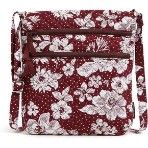 Vera Bradley Cotton Collegiate Triple Zip Hipster Crossbody Purse (Multiple Teams Available), Maroon/White Rain Garden