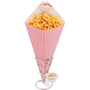Restaurantware Conetek 10-In Eco-Friendly Finger Food Cones with Built-in Condiment Dipping Pocket: for Appetizers - Food-Safe Paper Cone with Picnic Print Styling - Disposable & Recyclable - 100-CT
