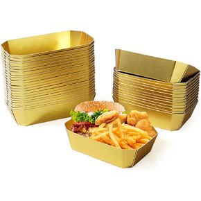 50 PCS Large Paper Food Boats Disposable Gold Paper Food Trays Waterproof Heavy-Duty Paper with Film Food Serving Boat Tray Basket for Fries Sandwiches Burgers Hot Dogs Taco BBQ Popcorn Picnic