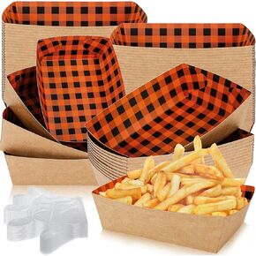 Whaline 50Pcs Halloween Paper Food Tray Black Orange Plaid Paper Food Boats with Plastic Gloves Disposable Serving Trays for Hot Dog Popcorn Taco Food Container Trick or Treat Party Supplies