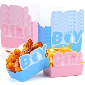 YLOLUL 60 PCS Baby Gender Reveal Party Supplies Boy or Girl Disposable Paper Food Serving Trays Pink Blue Snack Disposable Boats for He or She Gender Reveal Party Game Decoration