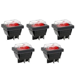 Rocker Switch ON-OFF DPST 4 Terminals Red Light 16A 250VAC with Waterproof Cover 5Pack