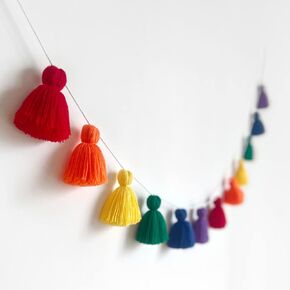 Big Size Tassel Garland H3.1in Polyester Yarn Black Pom Pom Tassel Banner Decorative Wall Hanging for Home Decoration Wedding Birthday Baby Shower Party Supplies(Tassel Rainbow 6 Colors Short)