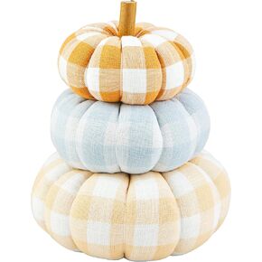Mud Pie Gingham Stacked Pumpkins, 15", Tan