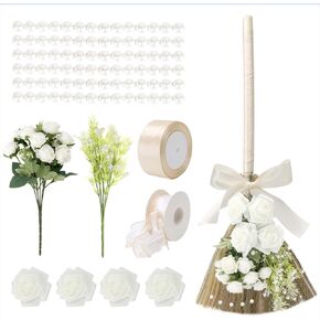 Wedding Broom for Jumping Ceremony, Jumping The Broom for Wedding, Decorative Broom DIY with Ribbons Artificial Pearl Roses