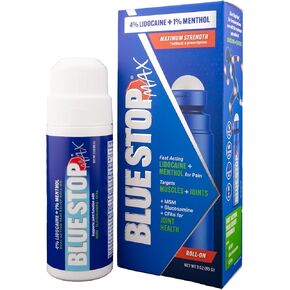 Blue Stop Max Lidocaine Roll On Maximum Strength- 4% Lidocaine with 1% Menthol for Knee Pain Relief, Neck Pain Relief, & Lower Back Pain Relief, Nerve Pain - MSM, Glucosamine Formula for Joint Health
