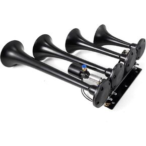 Truck Horn 150DB 4 Trumpet Train Horn Kit for Truck 12V Air Horn for Truck Super Loud Train Horns with Compressor for VehicleTrain Boat (black with air pump Wire harness and buttons, 12v)