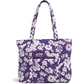 Vera Bradley Cotton Collegiate Vera Tote Bag (Multiple Teams Available), Purple/White Rain Garden