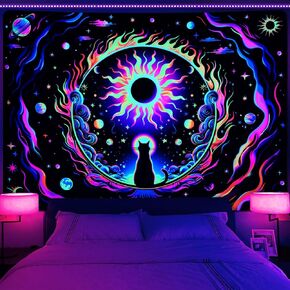 Uspring Blacklight Cat Tapestry UV Reactive Space Tapestries Moon and Star Psychedelic Tapestry Neon Solar Eclipse Wall Tapestry for Bedroom Livingroom Home Decor (51.2 x 59.1 inches)