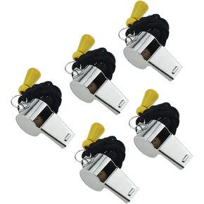 Sports Coach Metal Whistles with Lanyard Loud Crisp Sound Stainless Steel Whistles for Referees, Outdoor Sports Gym and Emergency, 5 Pack