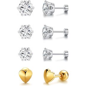 Pack of Titanium Screw Back Earrings Faux Diamond CZ Studs for Women Men 20G Surgical Stainless Steel Blue White Cubic Zirconia Hypoallergenic for Sensitive Ear Barbell Helix Piercing Post