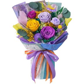 Mosstory Flowers Bouquet Preserved Roses Bouquet Flowers Fresh Bouquet Delivery Prime Flowers Gift for Wife Mother’s Day Valentine’s Day Anniversary Birthday Graduation (Purple Yellow Roses)
