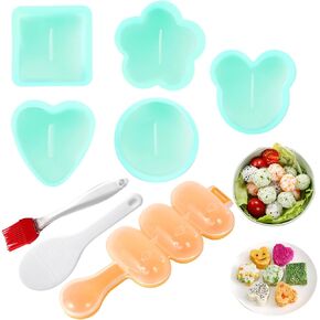 Onigiri Maker Mold, 8 Pcs Sushi Onigiri Musubi Maker Mold Kit Rice Ball Mold Shake Sushi Makers Mold with Small Rice Paddle, Brush for Kitchen.（Green）