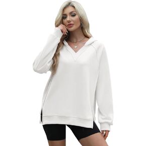 Wenlia Women's Hoodies V Neck Side Slit Casual Sweatshirts Long Sleeve Pullover Fall Preppy Clothes 2024 Trendy
