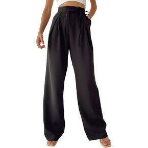 Cocoarm Women's Long Straight Wide Leg Pants Tie Casual High Waist Loose Pleated Hiking Running Tights Drawstring Sports(S-Black)