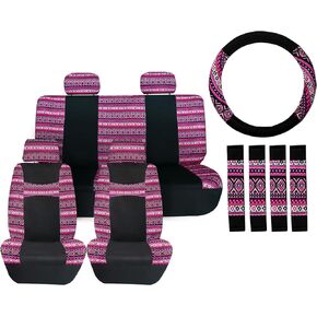 FH Group Full Set Southwestern Print Cloth Car Seat Covers for Low Back Front Seat Covers, Solid Back Seat Cover, Universal Fit, Washable Seat Cover for SUV, Sedan, Pink