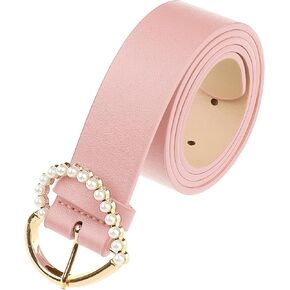 Stylish Women's Belt Heart-Shaped Buckle with Beads Belts Encrusted Buckle Solid Color Waistband for Dress