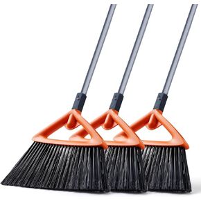 3 Pack Heavy Duty Outdoor Broom with Long Handle for Patio,Lobby,Garden,Kitchen,Deck,Yard,Sweeping -Commercial Grade Angle Broom with Stiff Bristles and Sponge Handle