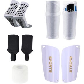 1 Pairs Mens Grip Soccer Socks, 1 Pairs Shin Sleeves with 1 Pairs Shin Guards, 1 Pair Ankle Protector and 1 Pack Sports Tape, Soccer Game Set 5pcs