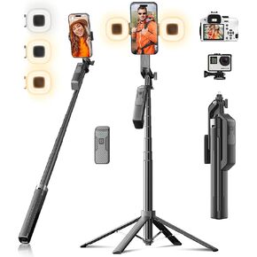 Funxee Selfie Stick Phone Tripod - 71 inch Tall Cell Phone Holder with Detachable Wireless Remote and 2 LED Lights for Recording, Video and Picture, Phone Stand for iPhone, Android, Camera & Gopro
