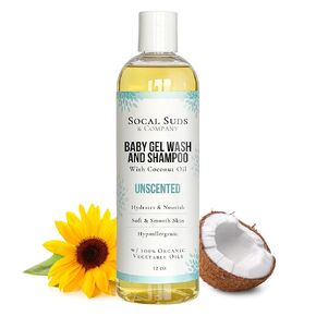 SoCal Suds & Company - Organic Gel Baby Wash & Shampoo - Gentle Natural Ingredients, Vitamin Rich Organic Oils Soothing Aloe Cleansing Hair & Body Wash for Babies Sensitive Skin - Unscented, 12oz