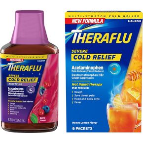 Theraflu Combo Nighttime Severe Cold Relief Syrup, Berry Flavor, 8.3 fl oz & Theraflu Daytime Severe Cold Relief Powder, Honey Lemon Flavor, 6 Ct