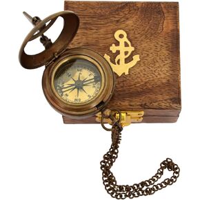 Handmade in India - Vintage Brass Sundial Compass with Wooden Box, Antique Steampunk Decor, 2 Inch Navigational Push Open Compass Sun Clock Unique Best Gift for Men Women Him Her, Brown