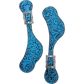 Raavils International 2 Pieces Leather Spur Keeper Heel Straps Western Adjustable Tooled Spur Strap for Boots Men Women Teal Blue Horse Riding Accessories