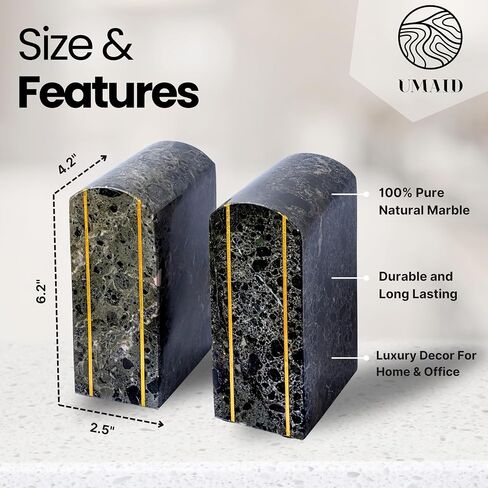 UMAID Handcrafted Marble Bookend Set - Elegant Heavy Duty Stone Book Holders - Premium Decorative and Functional Bookends for Shelves - Perfect for Home Office Decor - Modern Marble Design in Saudi Arabia