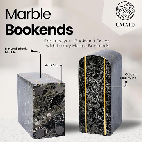 UMAID Handcrafted Marble Bookend Set - Elegant Heavy Duty Stone Book Holders - Premium Decorative and Functional Bookends for Shelves - Perfect for Home Office Decor - Modern Marble Design in Saudi Arabia