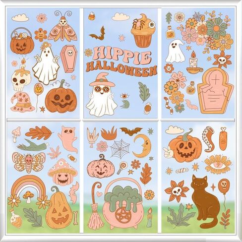 Kreatwow Halloween Groovy Party Decor 6PCS Retro Halloween Groovy Window Clings Halloween Window الديكور المزدوج المطبوعة خمر هالوين رائع الرجعية الهبي نافذة صائق لحزب مكتب المنزل in Saudi Arabia