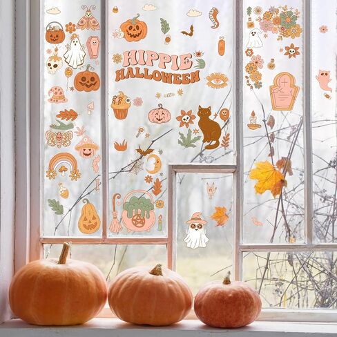 Kreatwow Halloween Groovy Party Decor 6PCS Retro Halloween Groovy Window Clings Halloween Window الديكور المزدوج المطبوعة خمر هالوين رائع الرجعية الهبي نافذة صائق لحزب مكتب المنزل in Saudi Arabia