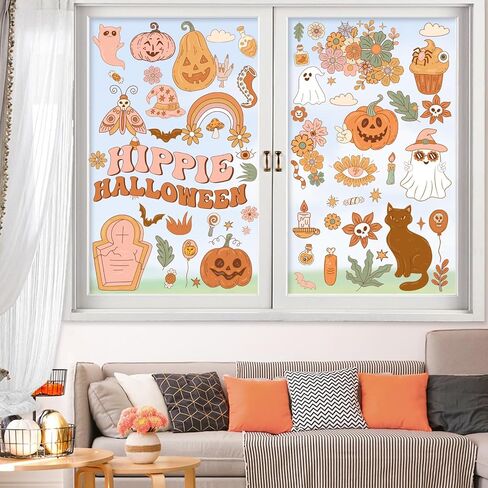 Kreatwow Halloween Groovy Party Decor 6PCS Retro Halloween Groovy Window Clings Halloween Window الديكور المزدوج المطبوعة خمر هالوين رائع الرجعية الهبي نافذة صائق لحزب مكتب المنزل in Saudi Arabia