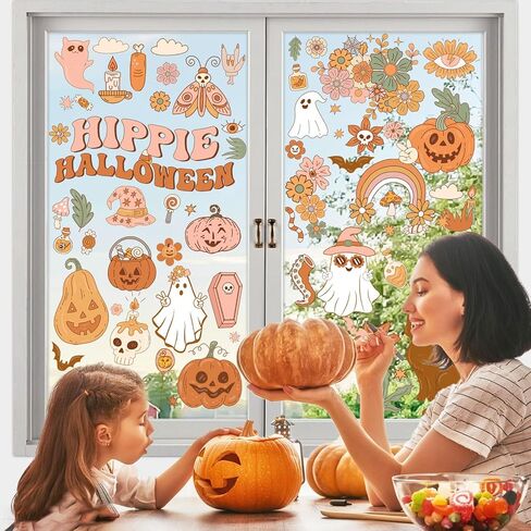 Kreatwow Halloween Groovy Party Decor 6PCS Retro Halloween Groovy Window Clings Halloween Window الديكور المزدوج المطبوعة خمر هالوين رائع الرجعية الهبي نافذة صائق لحزب مكتب المنزل in Saudi Arabia
