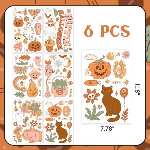 Kreatwow Halloween Groovy Party Decor 6PCS Retro Halloween Groovy Window Clings Halloween Window الديكور المزدوج المطبوعة خمر هالوين رائع الرجعية الهبي نافذة صائق لحزب مكتب المنزل in Saudi Arabia