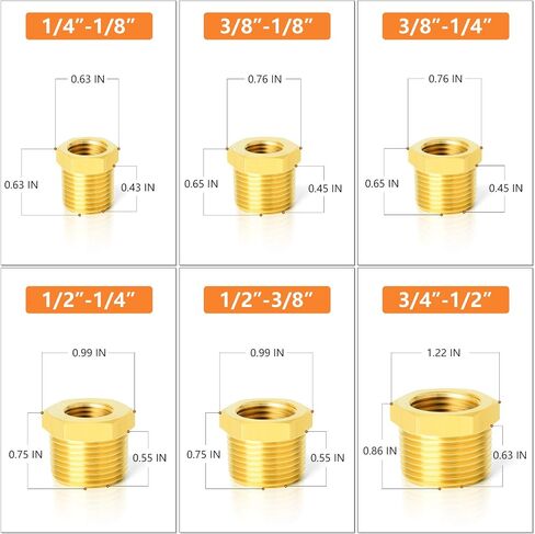 GASHER 12PCS Brass Hex Bushing Fitting Kit Hex Bushing 1/4" - 1/8", 3/8" - 1/8", 3/8" - 1/4", 1/2" - 1/4", 1/2" - 3/8", 3/4" - 1/2" in Kuwait